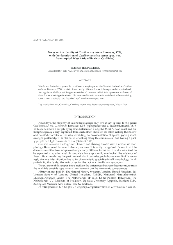 (PDF) Notes on the identity of Cardium costatum Linnaeus, 1758 with the