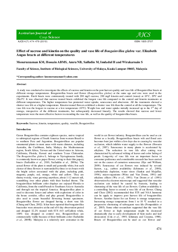 (PDF) Effect of sucrose and kinetin on the quality and vase life of ...