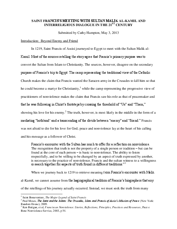 St. Francis of Assisi's Meeting With Sultan Malik al-Kamil and Interreligious Dialogue in the 21st Century 