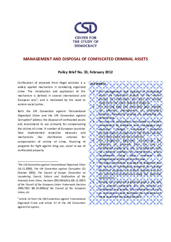 (PDF) Management and Disposal of Confiscated Criminal Assets