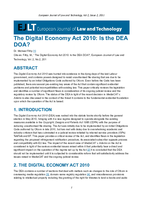 (PDF) The Digital Economy Act Is the DEA DOA? Michael Filby