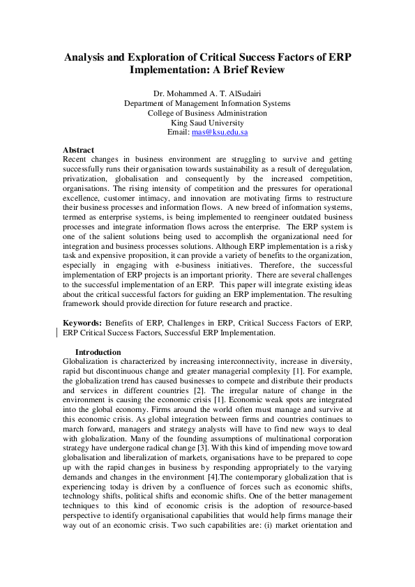 (DOC) Analysis and Exploration of Critical Success Factors of ERP ...