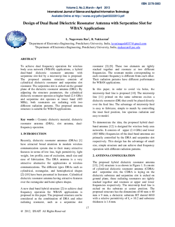 (PDF) Design of Dual Band Dielectric Resonator Antenna with Serpentine ...