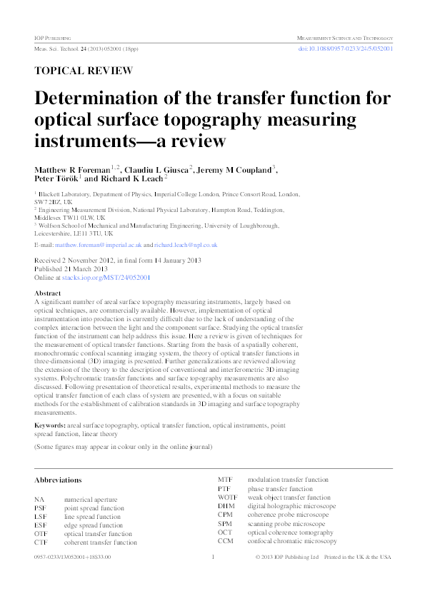 (PDF) Determination of the transfer function for optical surface