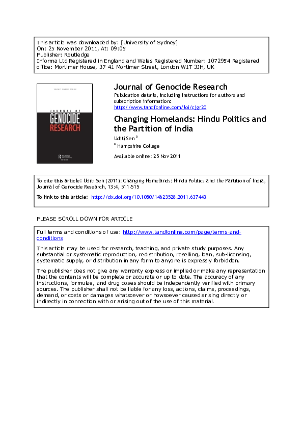 Changing Homelands: Hindu Politics and the Partition of India