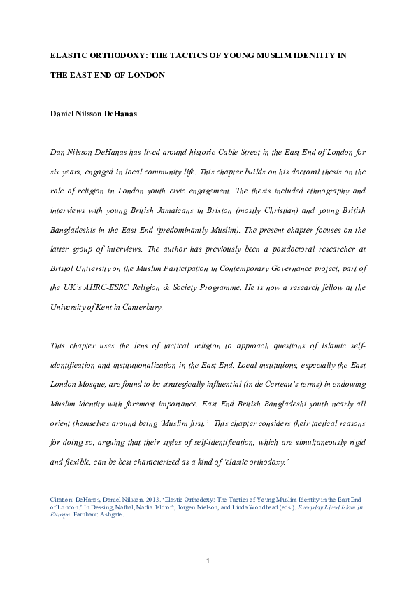 First page of “Elastic Orthodoxy: The Tactics of Young Muslim Identity in the East End of London (2013)”