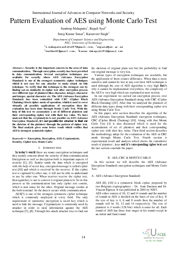 (PDF) Pattern Evaluation of AES using Monte Carlo Test Karanveer