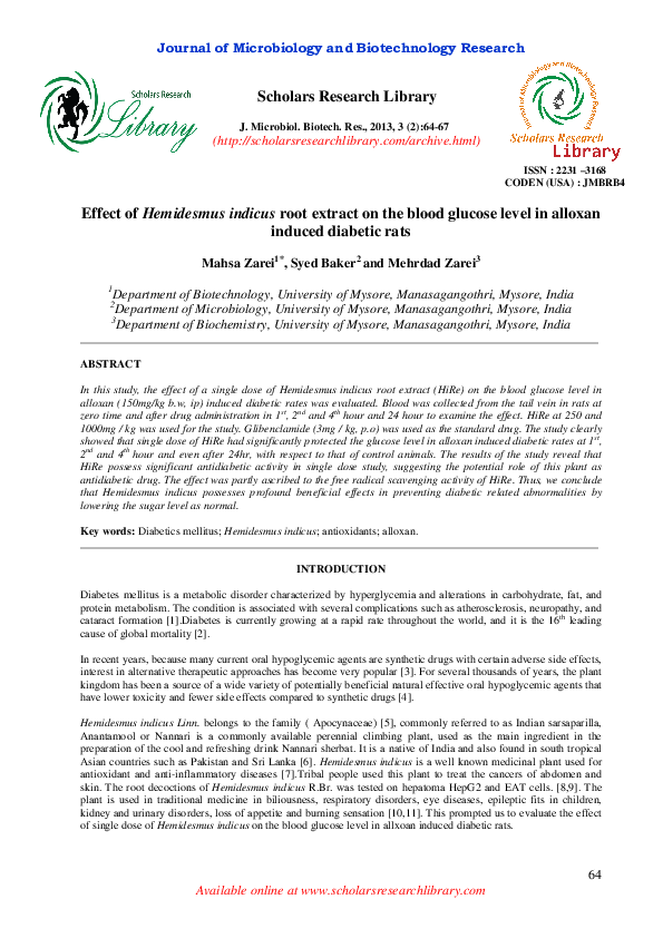 (PDF) Effect of Hemidesmus indicus root extract on the blood glucose ...