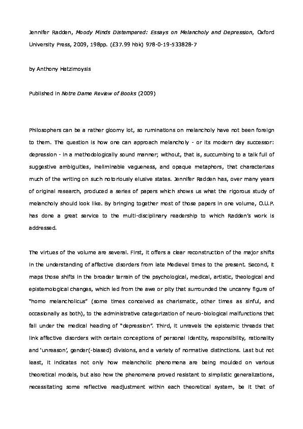 (PDF) Review of Moody Minds Distempered. Essays on melancholy and ...
