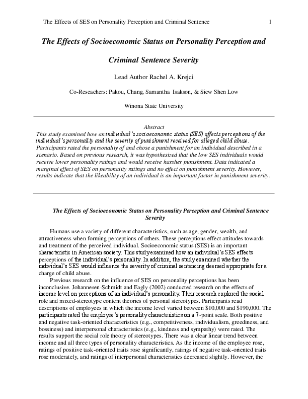 (PDF) The Effects of Socioeconomic Status on Personality Perception and