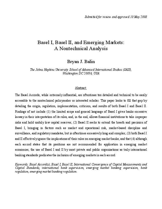 (PDF) Basel I, Basel II, and Emerging Markets: A Nontechnical Analysis