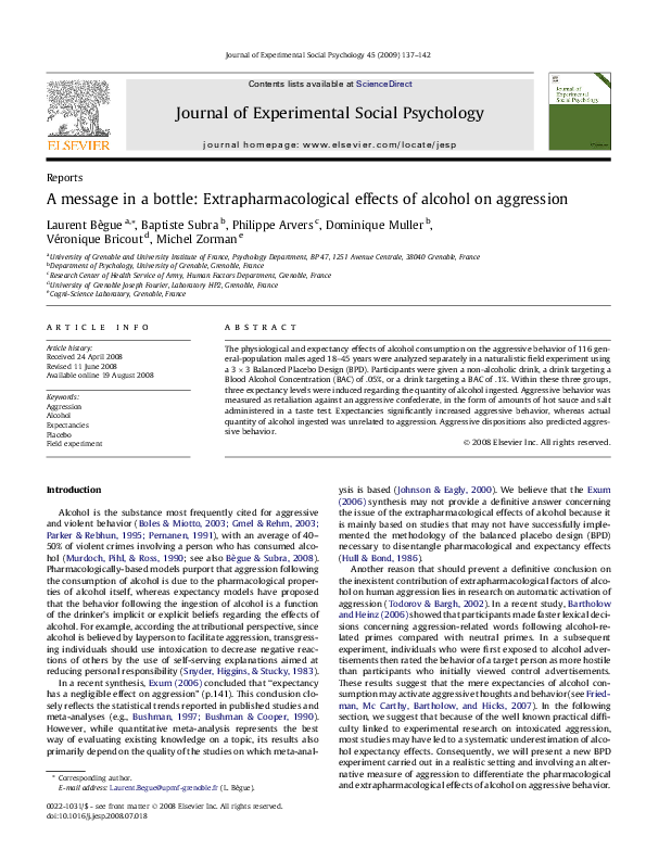 (PDF) A message in a bottle: Extrapharmacological effects of alcohol on ...