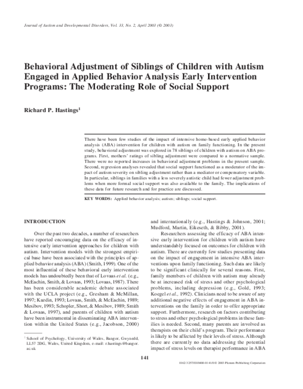 (PDF) Behavioral Adjustment of Siblings of Children with Autism Engaged ...