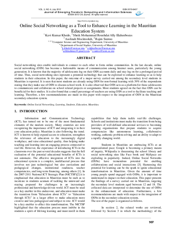 (PDF) ONLINE SOCIAL NETWORKING AS A TOOL TO ENHANCE LEARNING IN THE ...