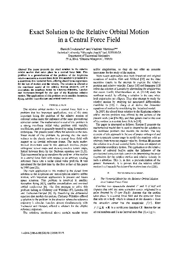 (PDF) Exact solution to the relative orbital motion in a central force ...