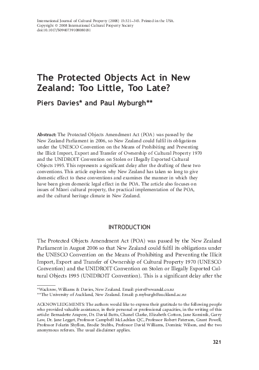 (PDF) The Protected Objects Act in New Zealand: Too Little, Too Late?