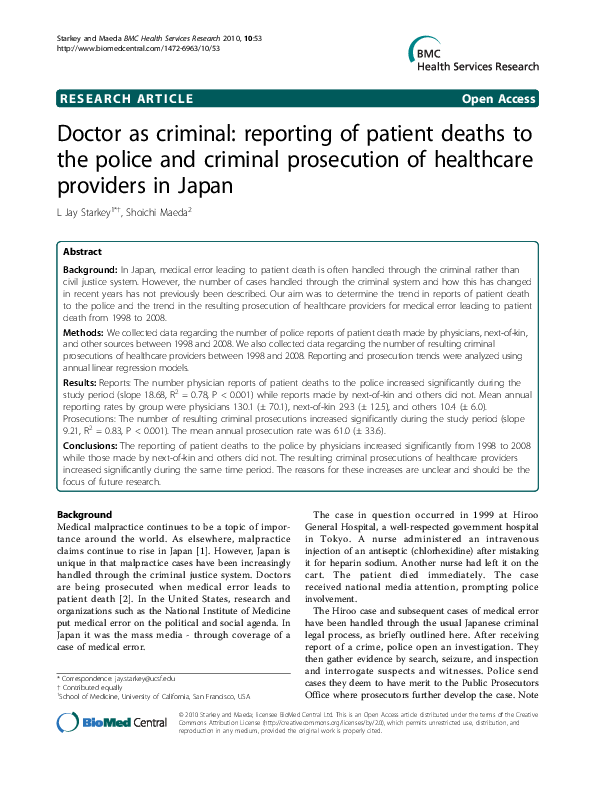 (PDF) Doctor as criminal: reporting of patient deaths to the police and ...