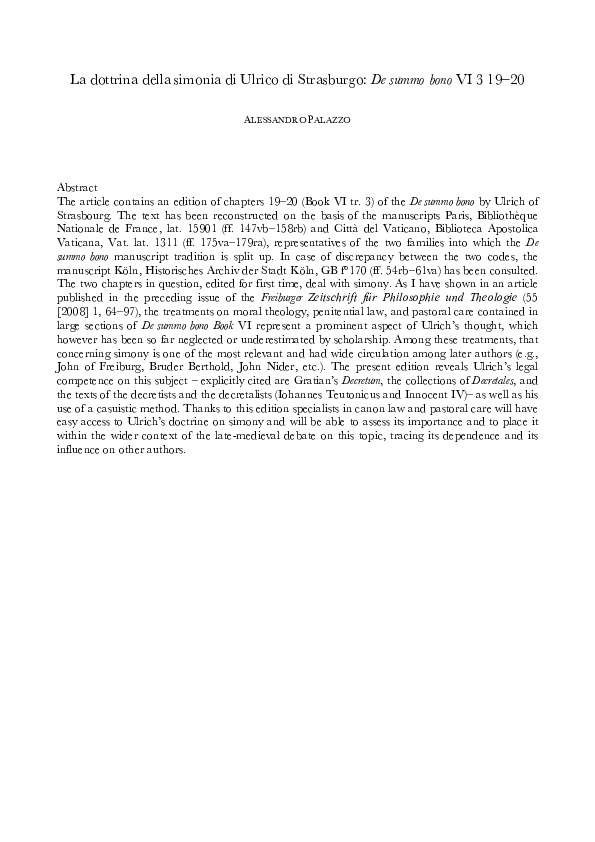La dottrina della simonia di Ulrico di Strasburgo De summo bono VI 3 1920