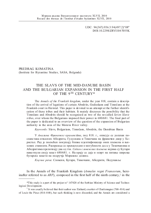 The Slavs of the Mid-Danube basin and the Bulgarian expansion in the first half of the 9th century