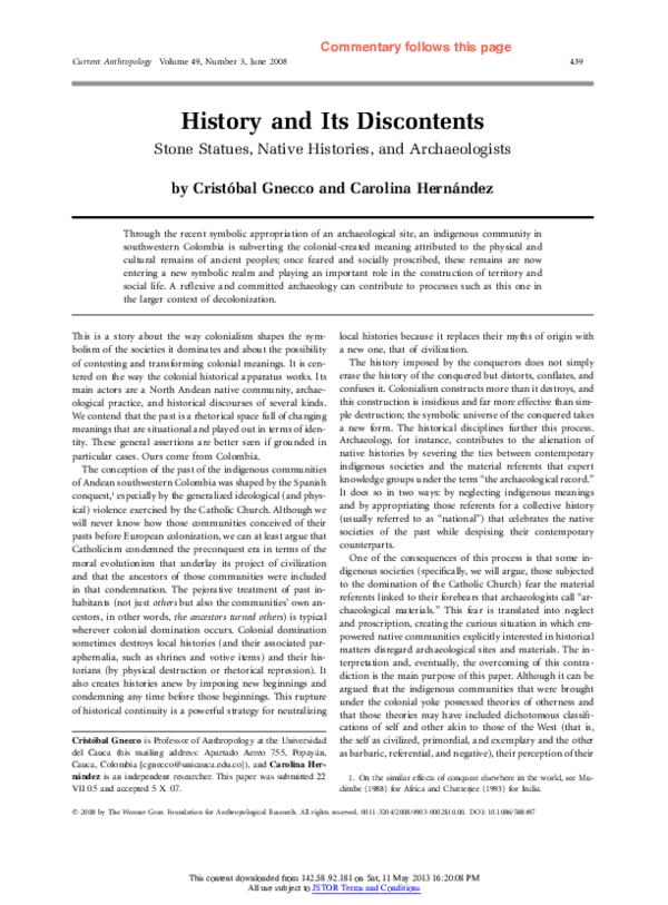 (PDF) Comment on “History and Its Discontents Stone Statues, Native