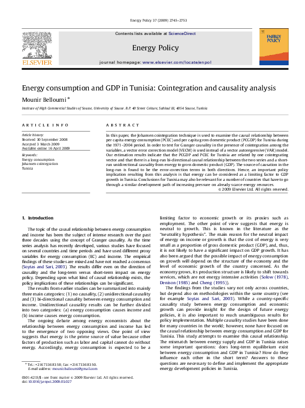 (PDF) Energy consumption and GDP in Tunisia: Cointegration and ...