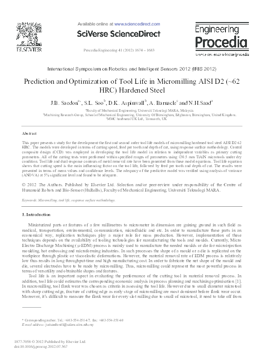 (PDF) Prediction and Optimization of Tool Life in Micromilling AISI D2 ...