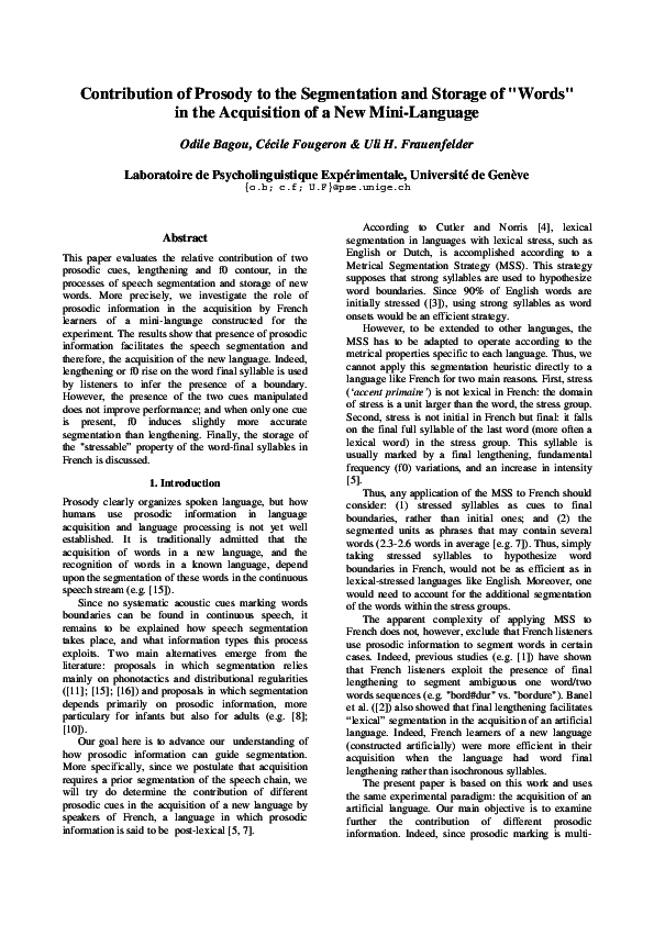 (PDF) Contribution of Prosody to the Segmentation and Storage of "Words ...