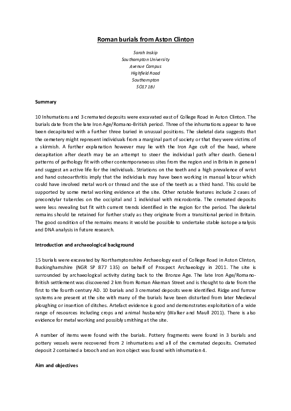 The Human Remains from Roman Aston Clinton, Buckinghamshire, UK.
