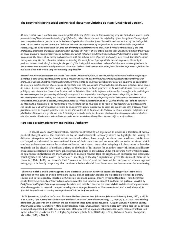 The Body Politic in the Social and Political Thought of Christine de Pizan (unabridged version).