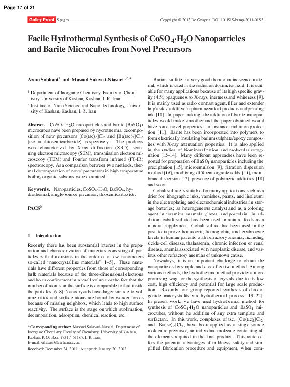 (PDF) Facile Hydrothermal Synthesis of CoSO4.H2O Nanoparticles and ...