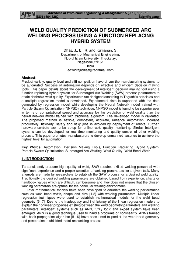 (PDF) WELD QUALITY PREDICTION OF SUBMERGED ARC WELDING PROCESS USING A