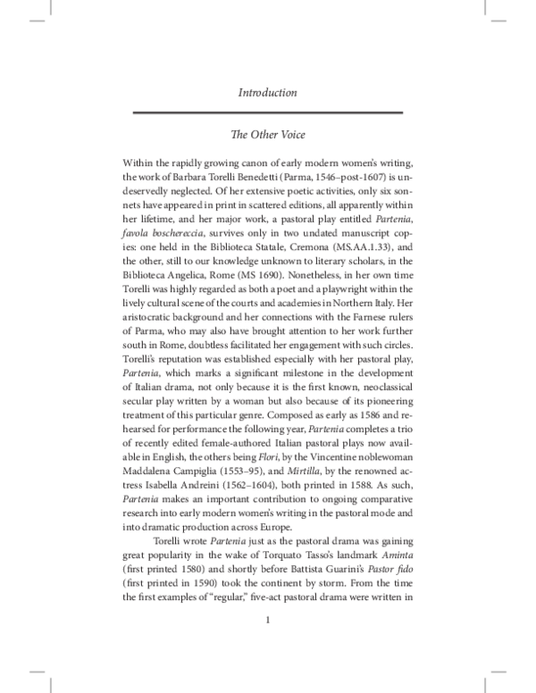 Partenia, a Pastoral Play, by Barbara Torelli Benedetti. A Bilingual Edition. Edited and Translated by Lisa Sampson & Barbara Burgess-Van Aken.