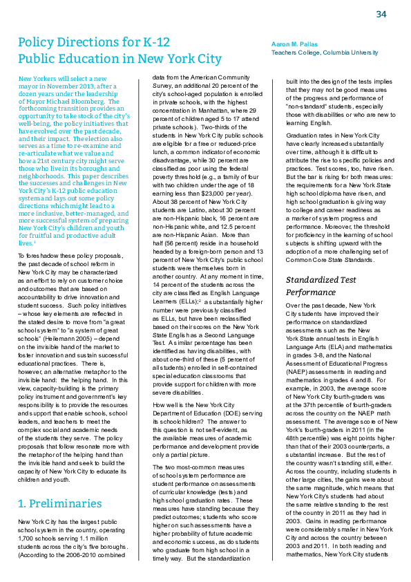 (PDF) Policy Directions for K-12 Public Education in New York City
