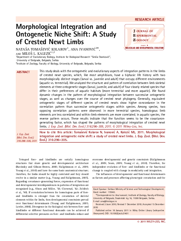 (PDF) Morphological integration and ontogenetic niche shift: a study of ...