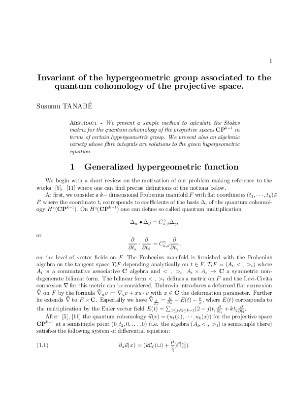 (PDF) Invariant of the hypergeometric group associated to the quantum