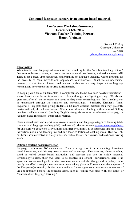 Pdf Contented Language Learners From Content Based Materials