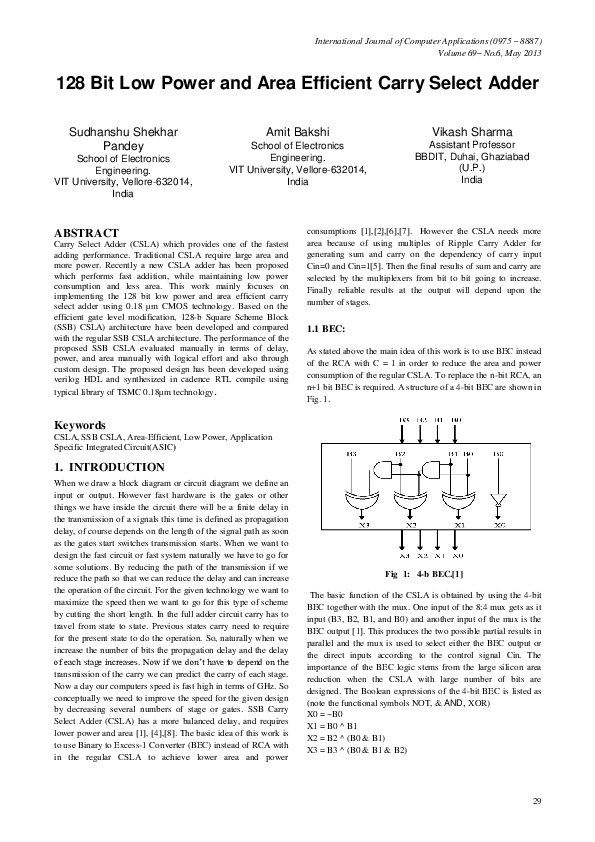 (PDF) 128 Bit Low Power and Area Efficient Carry Select Adder