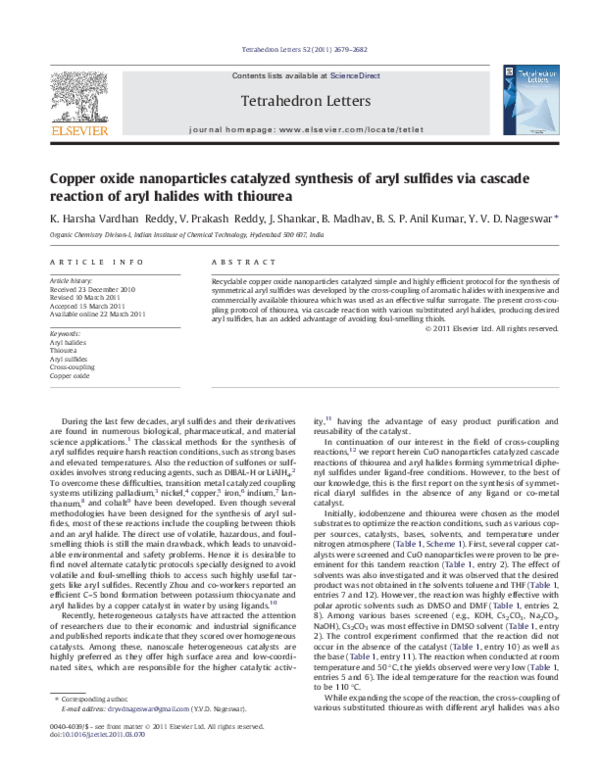 (PDF) Copper oxide nanoparticles catalyzed synthesis of aryl sulfides