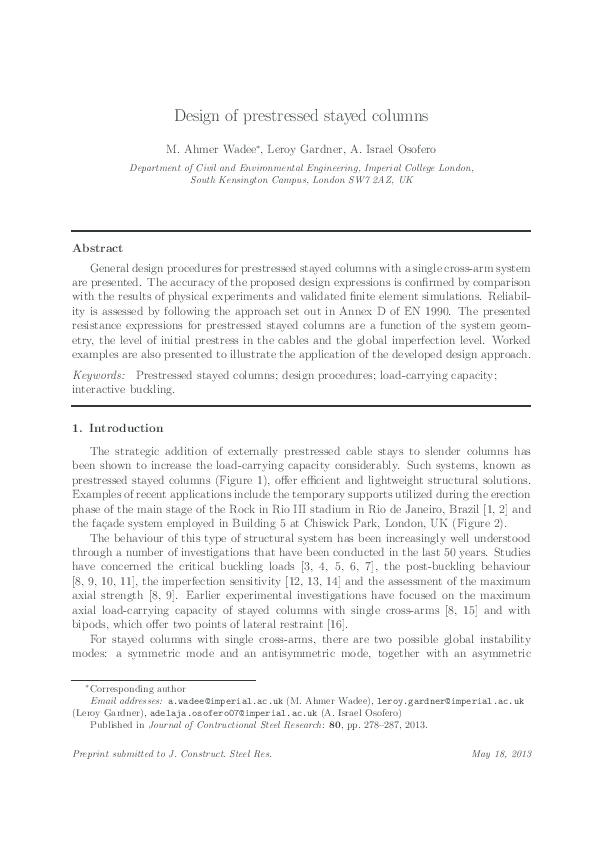 (PDF) Design of prestressed stayed columns