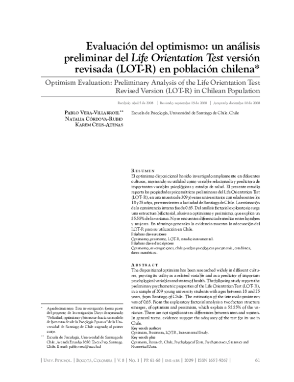 (PDF) Evaluación del optimismo: un análisis preliminar del Life ...