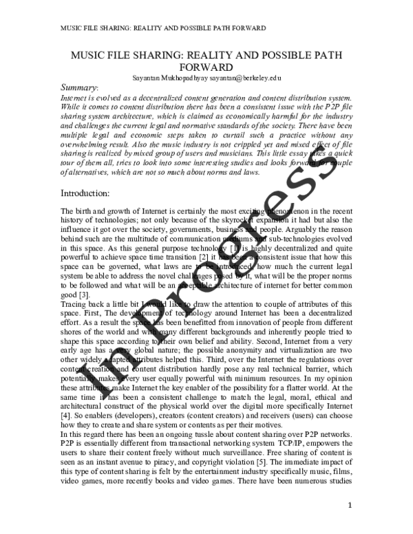 (PDF) MUSIC FILE SHARING: REALITY AND POSSIBLE PATH FORWARD