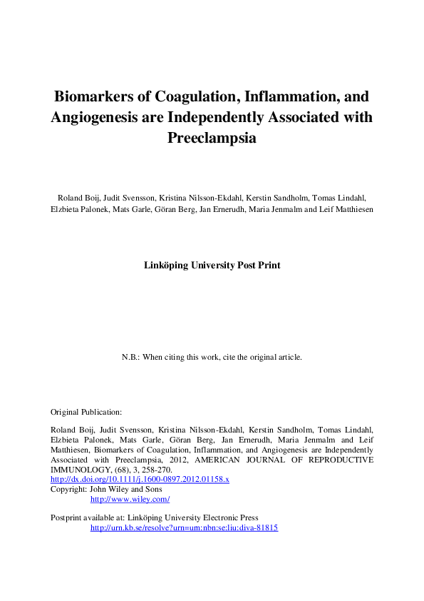 (PDF) Biomarkers of Coagulation, Inflammation, and Angiogenesis are ...