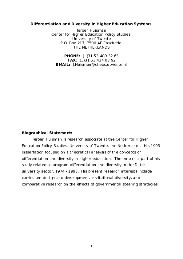 (DOC) Differentiation and diversity in higher education systems