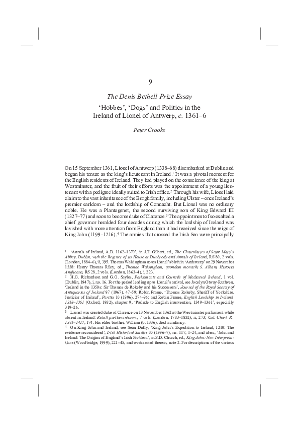 2005b. ‘ “Hobbes”, “Dogs” and Politics in the Ireland of Lionel of Antwerp, c.1361–6’ [The Denis Bethell Memorial Prize Essay], The Haskins Society Journal: Studies in Medieval History, 16, pp 117–48.