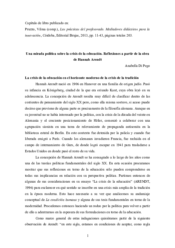 (PDF) Una mirada política sobre la crisis de la educación. Reflexiones