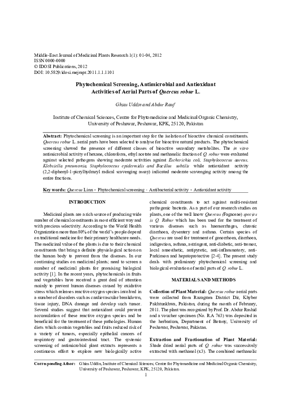 (PDF) Phytochemical Screening, Antimicrobial and Antioxidant Activities ...