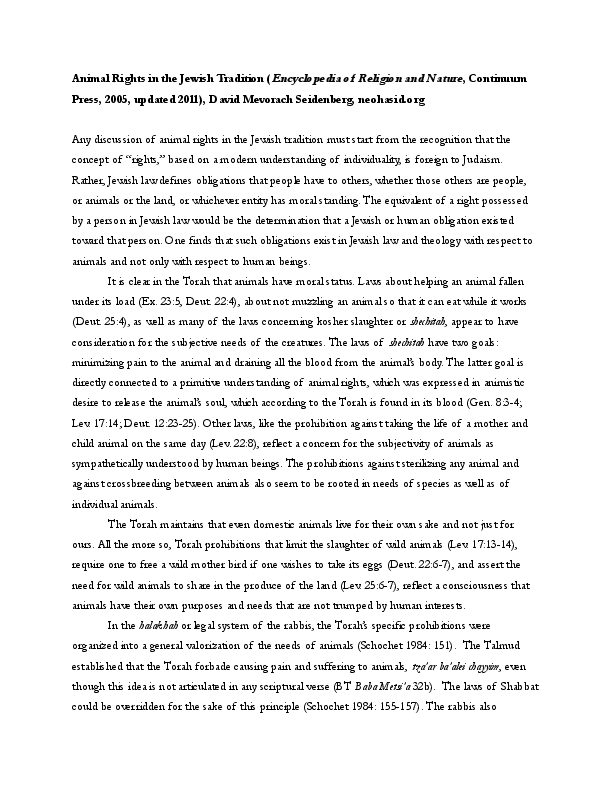 First page of “Animal Rights in the Jewish Tradition”