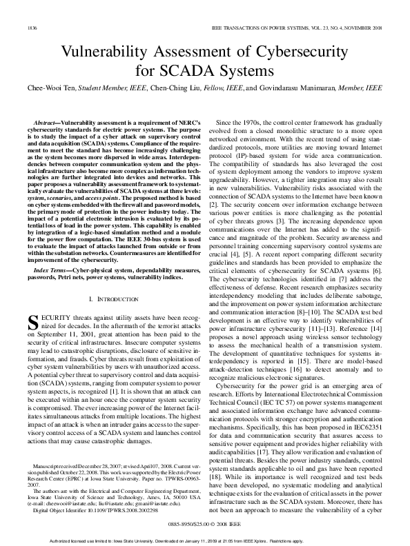 (PDF) Vulnerability assessment of cybersecurity for SCADA systems