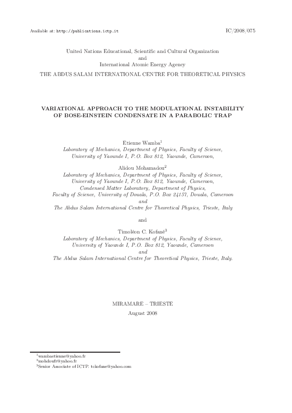 (PDF) Variation approach to the modulational instability of Bose ...