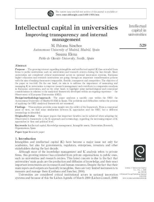 (PDF) Intellectual capital in universities; Improving transparency and ...